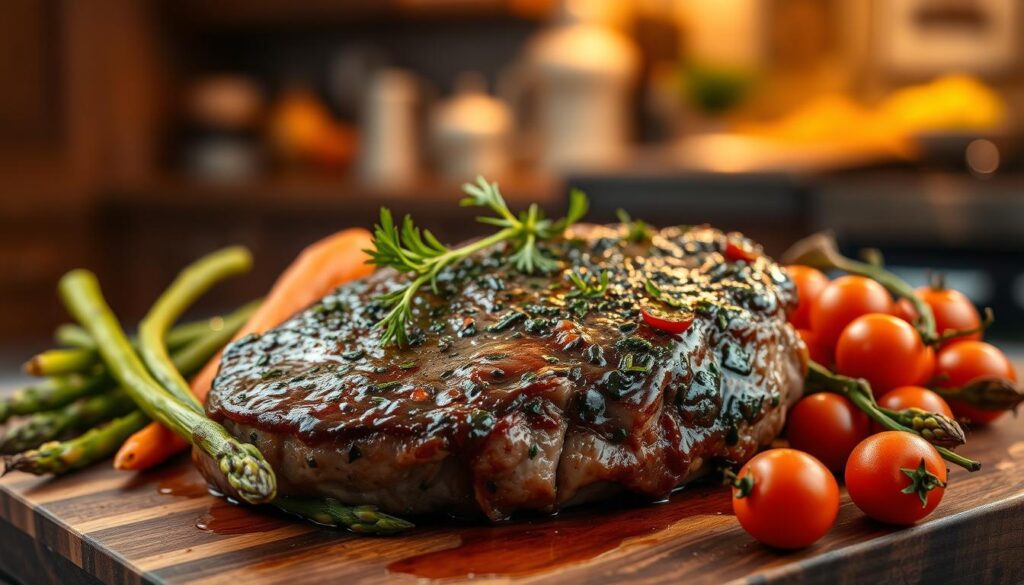 Green Peppercorn Steak with Seasonal Veggies