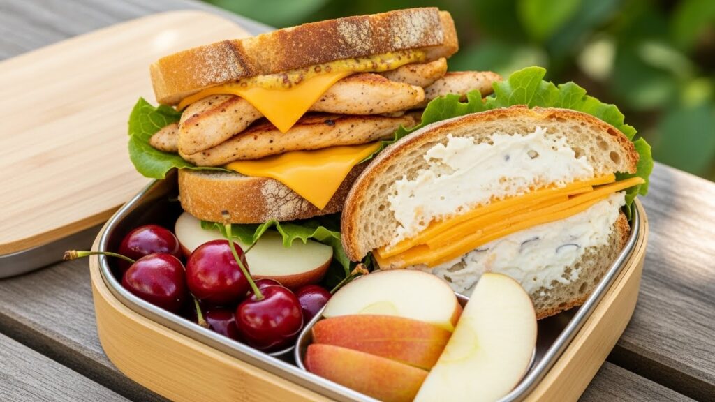 colourful veggie wraps lunch box
chicken and cheese sandwich lunch box
healthy pasta salad lunch box
fruit and yogurt parfait in lunch box
